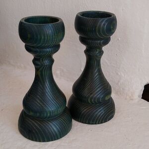 Steneby H.F. Sweden Wooden Hand Turned Candle Holders Teal 7.5" Tall